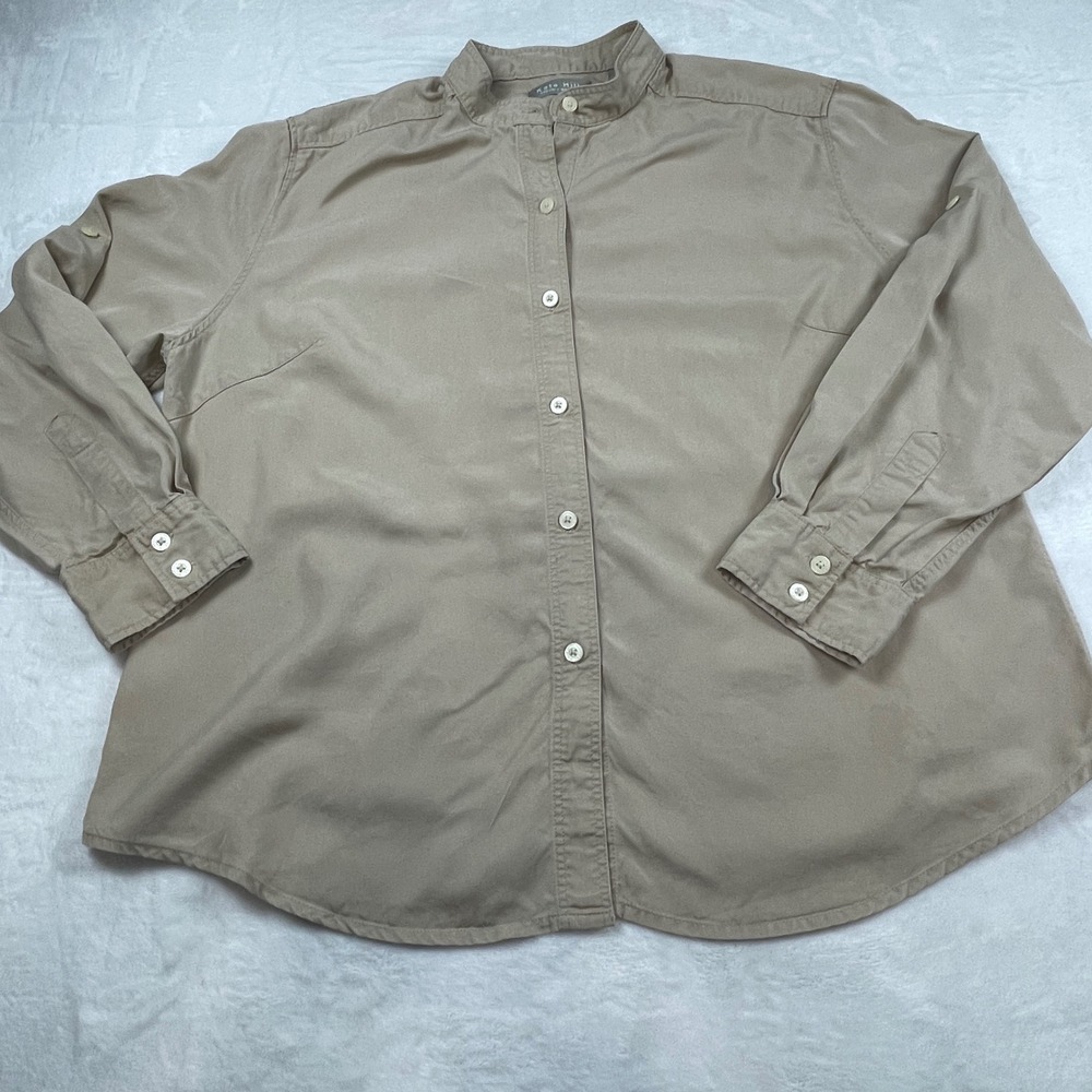 Kate Hill Woman Tan Khaki Tencel Lyocell Mandarin Collar Roll Tab Blouse 1X